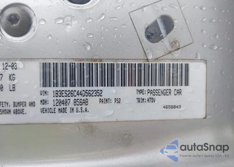 2004 Dodge Neon Se z USA, uszkodzony, nr VIN 1B3ES26C44D562352